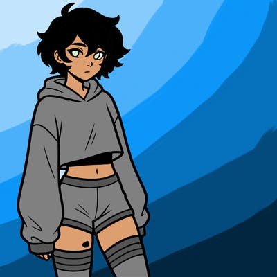 femboy with short hair wearing thigh highs and baggy crop top