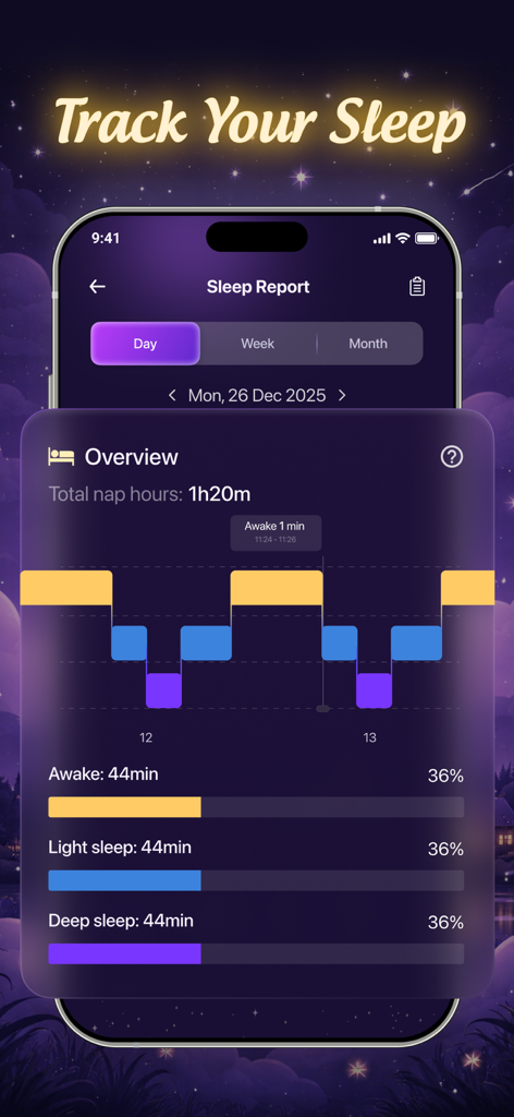 Sleep Log – Snore Record - A smartphone screen displaying the Sleep Log app's nightly sleep report with cycle tracking graphs and sleep stage breakdown.