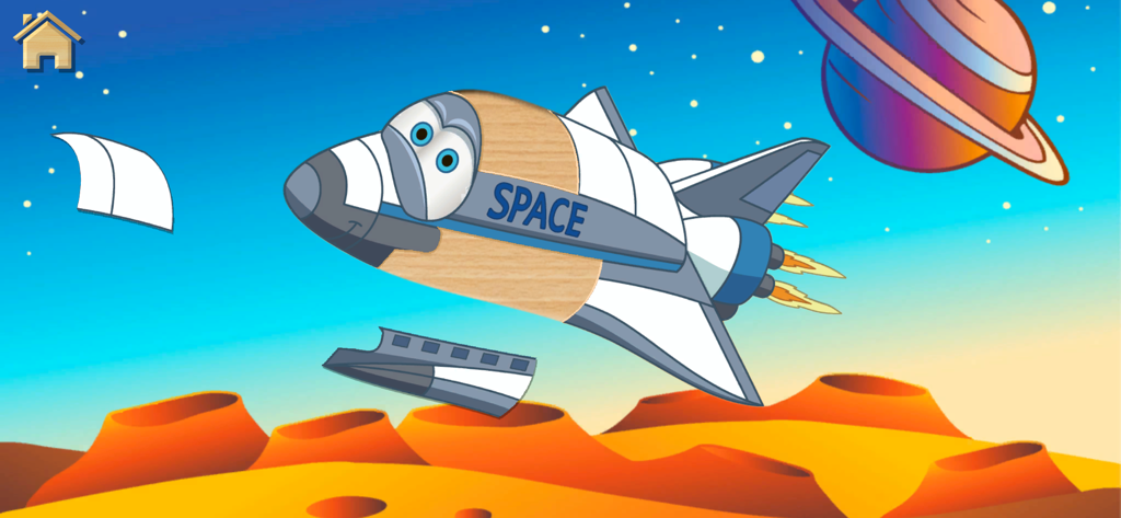 Car Puzzle for Toddlers & Kids - Un rompecabezas de transbordador espacial de dibujos animados para niños ambientado contra un fondo cósmico con planetas y estrellas