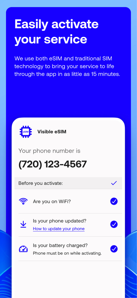 Visible mobile app interface showing the eSIM service activation process with a setup checklist
