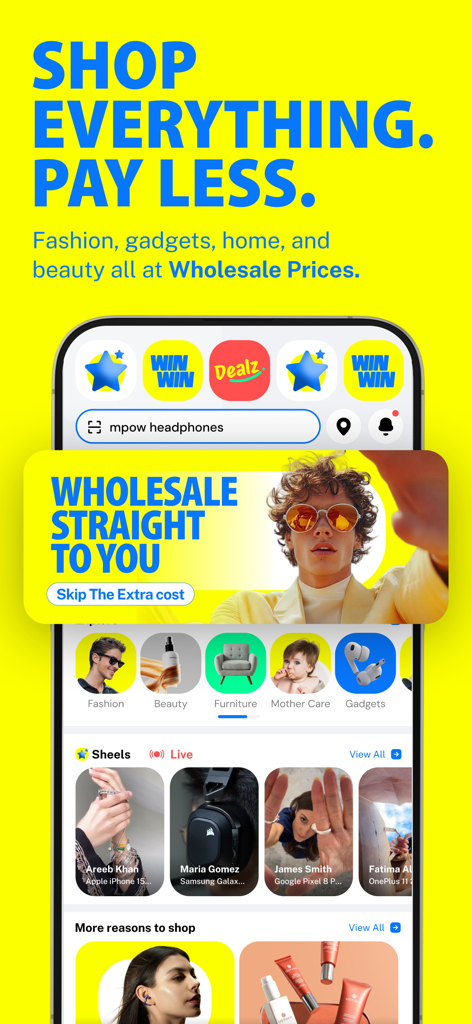 Buypass AI mobile app interface showing categories for fashion electronics and beauty with a focus on wholesale prices and live shopping features