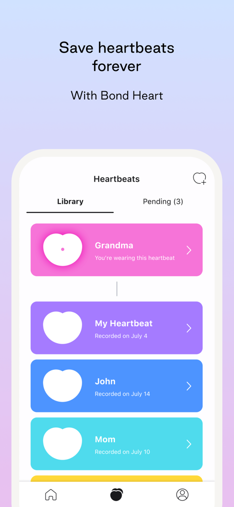 La aplicación Bond Touch muestra una biblioteca de latidos guardados para seres queridos.