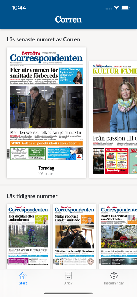 E-tidning Corren - Interface of the E-tidning Corren app displaying current and previous newspaper issues