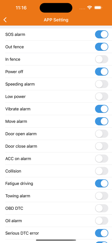 GoodTrackPro - GoodTrackPro app settings screen showing alert and alarm configuration toggles