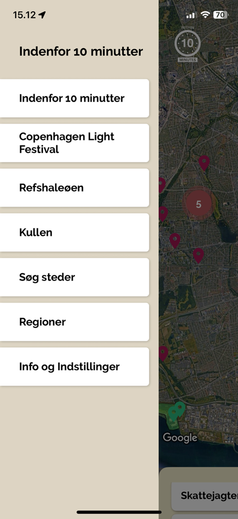 Side menu of the Copenhagen Light Festival app displaying navigation categories next to a map with location pins.