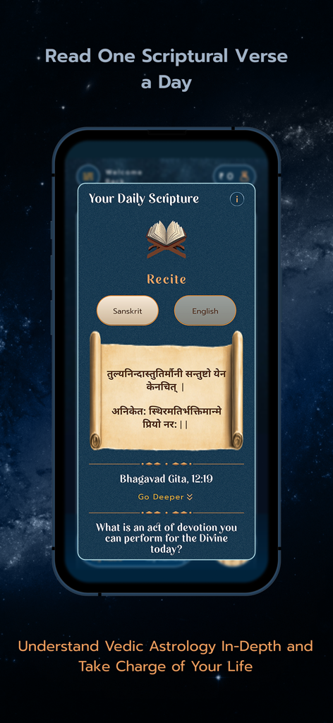Astro Sadhana: Vedic Astrology - Daily scripture interface in the Astro Sadhana app showing a verse from the Bhagavad Gita in Sanskrit