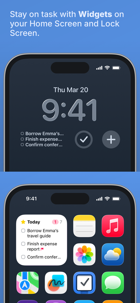 Widgets de la aplicación Things 3 mostrados en la pantalla de inicio y la pantalla de bloqueo del iPhone.