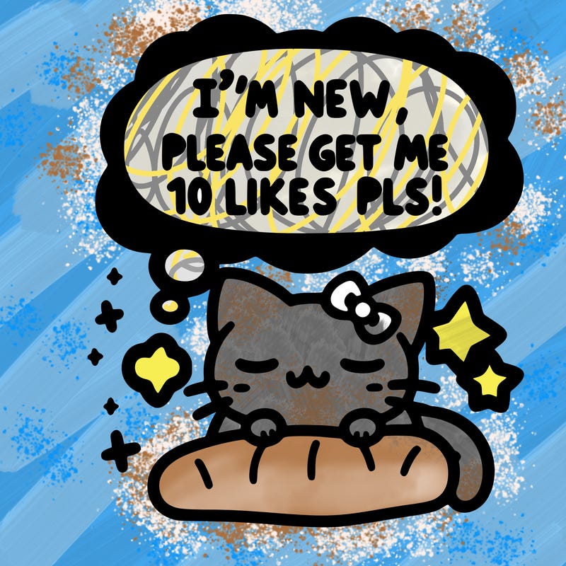 kitty taking a nap dream talking and saying "i'm new, please get me at least 10 likes pls!!"