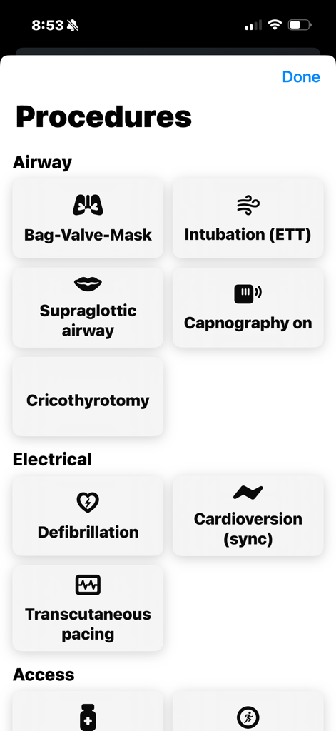 Code Blue Narrator app screen showing various medical procedure categories and options