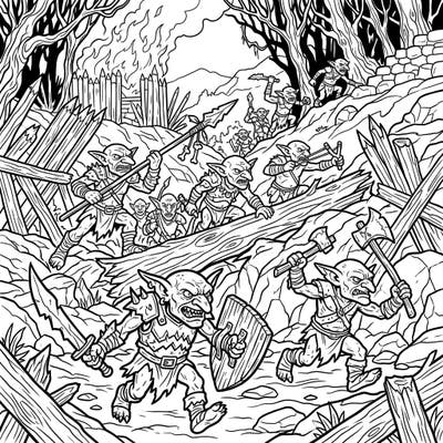 Immerse yourself in a dynamic full scene featuring an army of fierce goblin warriors engaged in an epic battle. This intricate coloring page captures the raw energy of fantasy combat, perfect for adventurers of all ages.