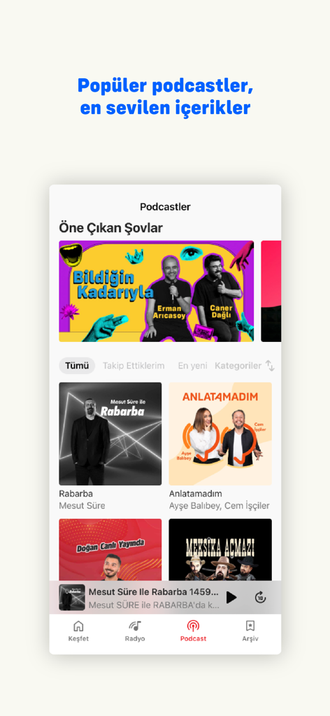 Karnaval: Radio & Podcast - The Karnaval app interface displaying a variety of popular Turkish podcasts and featured shows