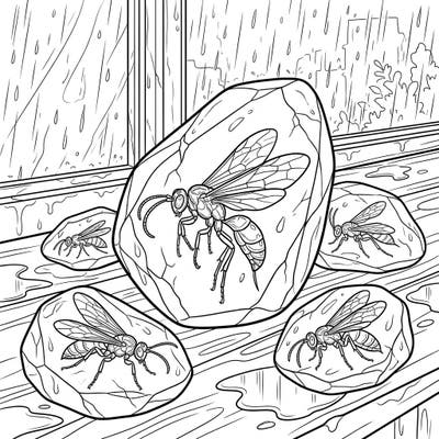 Journey through time with this captivating coloring page featuring ancient amber wasps. Find peace on a rainy day as you color these fossilized wonders.
