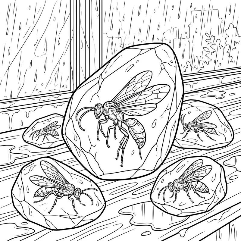 Journey through time with this captivating coloring page featuring ancient amber wasps. Find peace on a rainy day as you color these fossilized wonders.