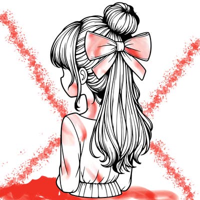 realistic girl  with hip length hair a bun and a big bow on the back of head