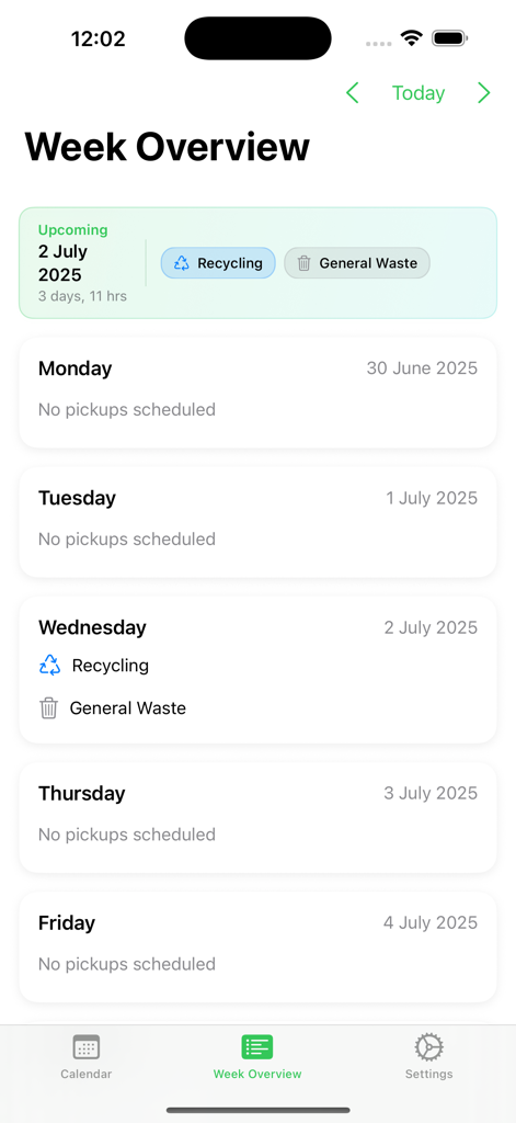 Garbage Pickup Calendar - Weekly schedule view of the Garbage Pickup Calendar app showing recycling and general waste collection dates