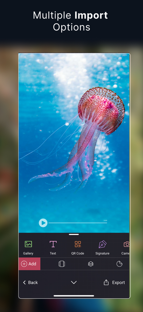 eZy Watermark Videos Lite - Mobile Benutzeroberfläche mit verschiedenen Optionen zum Hinzufügen von Wasserzeichen wie Text und QR-Codes zu einem Video von einer Qualle.