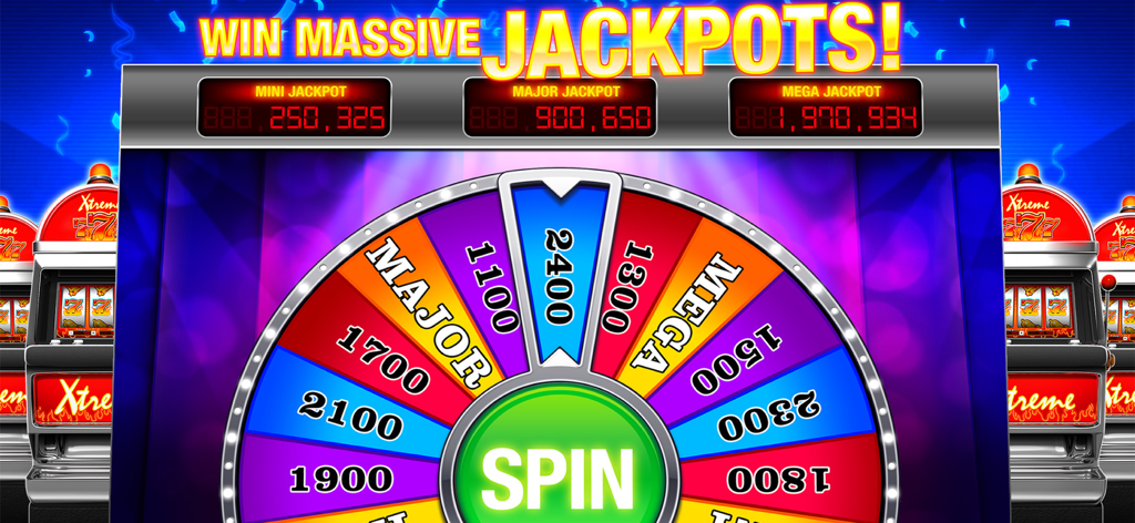 A colorful prize wheel in the Xtreme Vegas slot game featuring Mini, Major, and Mega jackpot counters.