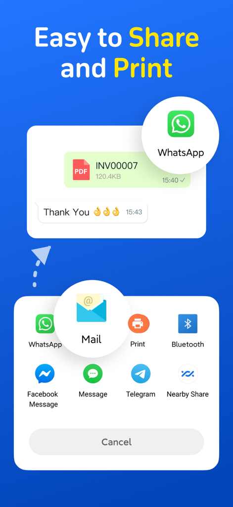 Invoice Maker -Done in Seconds - WhatsApp、メール、メッセージアプリ経由でPDF請求書を共有および印刷するオプションを示すモバイルアプリインターフェース