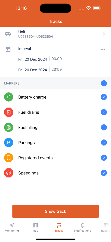 FleetFACTZ - FleetFACTZ app screen for configuring vehicle track history with selectable event markers such as fuel filling and speeding.