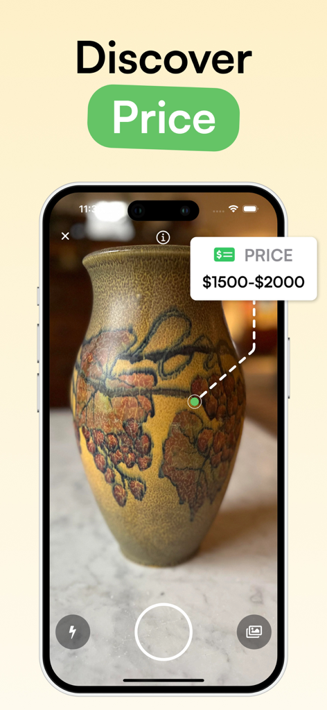 A screenshot of the Curio app showing the estimated market value appraisal of an antique ceramic vase
