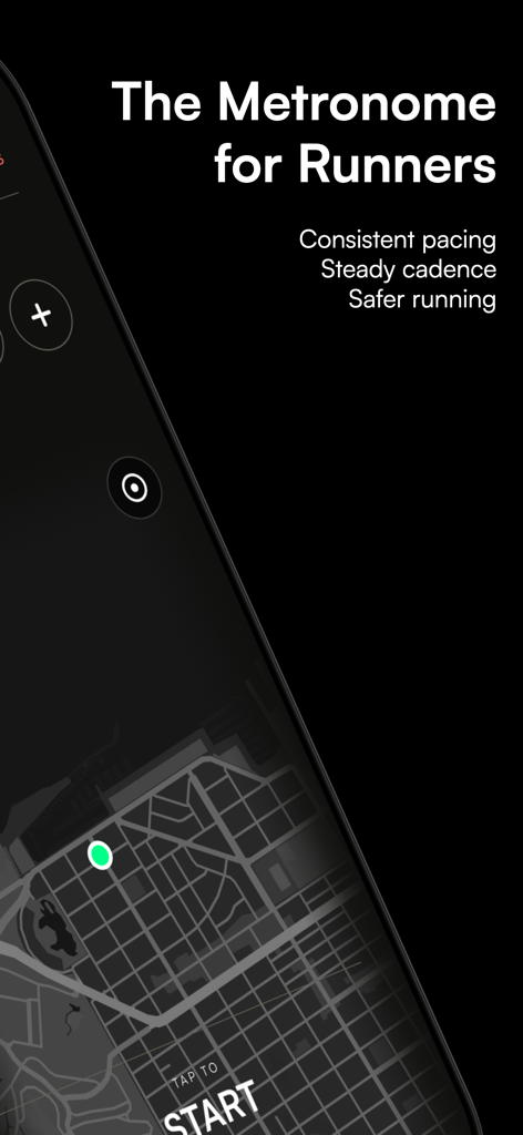 runo - Metronome for Running - Interfaz de la aplicación Runo para corredores que muestra funciones de metrónomo para un ritmo constante y una cadencia estable