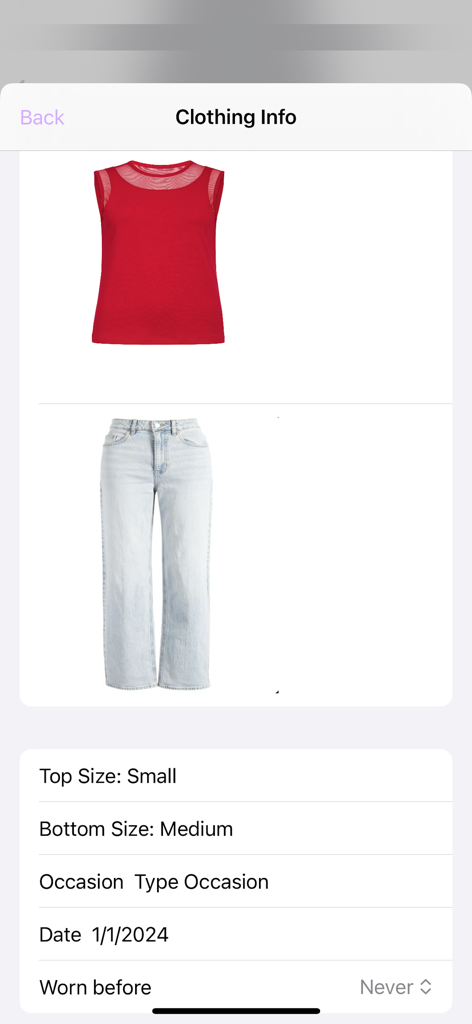 DigitalDresser - App screen showing details for a red top and blue jeans outfit