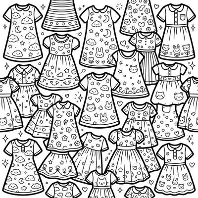 Discover a delightful collection of shift dresses, all adorned in the charming Kawaii style, ready for your artistic touch. This intricate coloring page is bursting with cute patterns featuring bunnies, cats, clouds, and stars, promising hours of creative enjoyment.