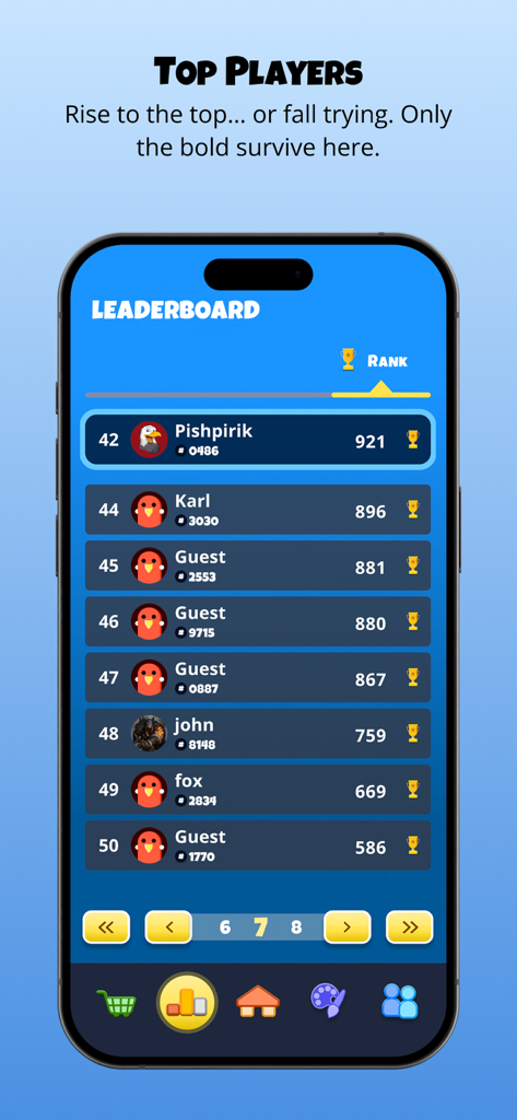 Pishpirik - Pantalla de tabla de clasificación global en la aplicación del juego de cartas Pishpirik que muestra las clasificaciones de los jugadores y las puntuaciones ELO