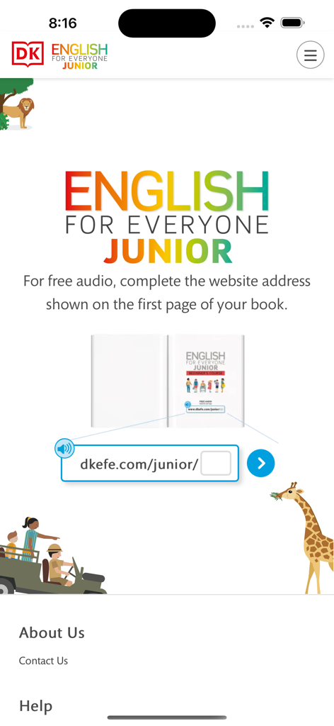 Pantalla de la aplicación DK English for Everyone Junior que muestra el campo para ingresar una dirección web del libro de texto impreso para acceder al contenido de audio