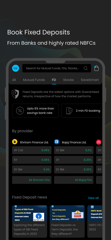 Interface do app Kuvera mostrando taxas de depósitos fixos de vários provedores como Shriram Finance e Bajaj Finance
