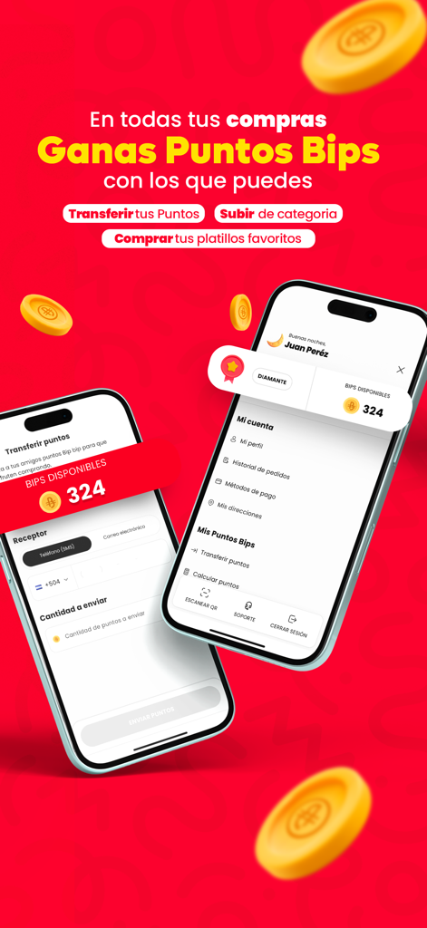 Bip Bip - Interfaz de la app Bip Bip mostrando el sistema de puntos de recompensa y los niveles de lealtad sobre un fondo rojo con monedas flotantes
