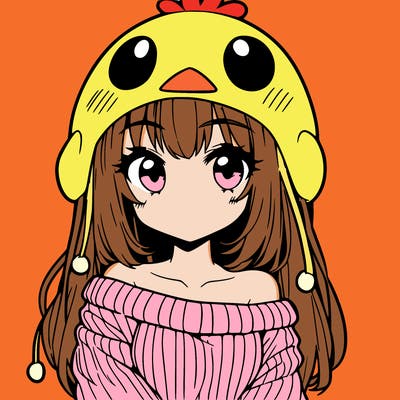 anime girl with chick shaped hat with sweater with bare shoulders with bangs covering them one eye with low tail
