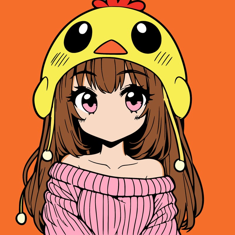 anime girl with chick shaped hat with sweater with bare shoulders with bangs covering them one eye with low tail