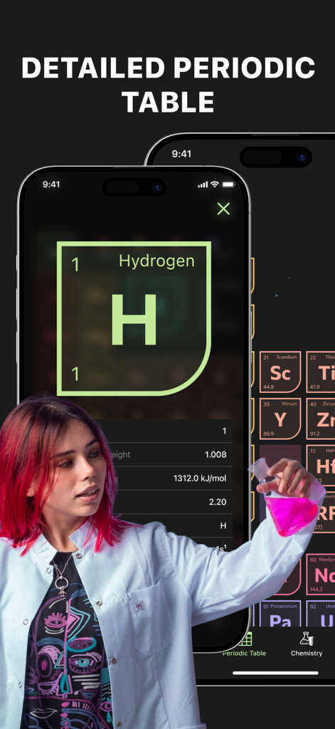 Chemistry Solver - AI Chat - A detailed periodic table interface in the Chemistry Solver app showing element properties for Hydrogen.