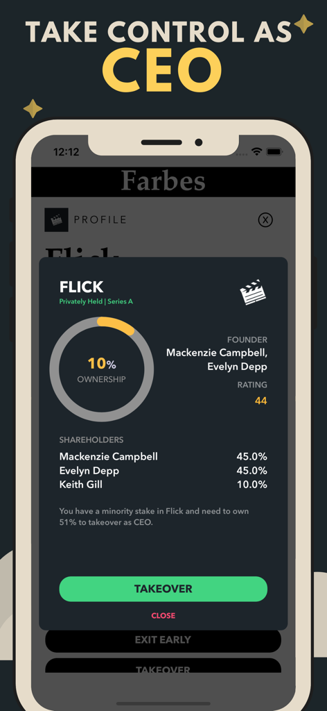 Mobile app screenshot of a company takeover screen with ownership details and a CEO takeover button in Trading Game Stock Market Sim