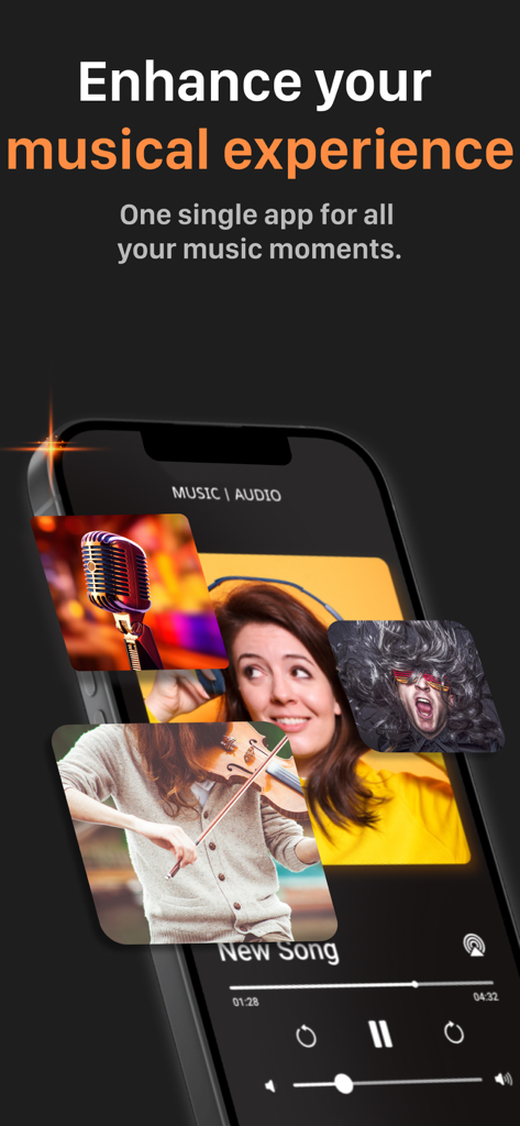 Amp app interface on an iPhone displaying music and audio enhancement features with various musical images
