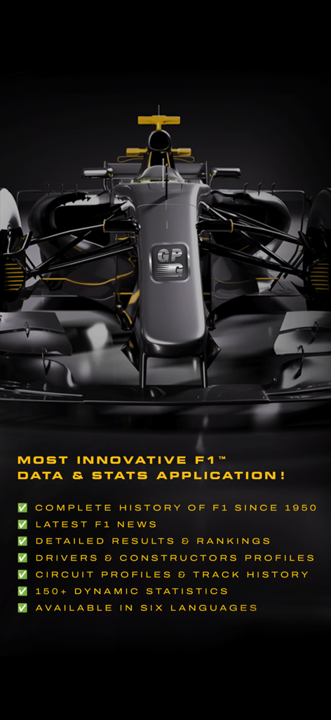 GPGuide - Schermata promozionale per l'app GPGuide che mostra statistiche di Formula 1 e un'auto da corsa