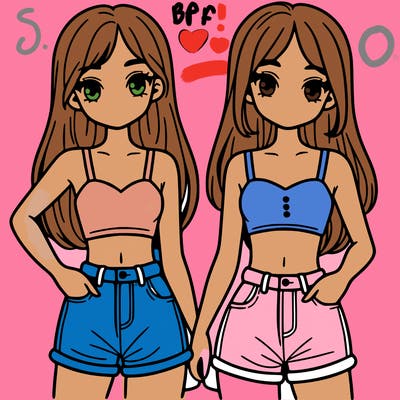 two sisters with crop tops and jean shorts and straight hair