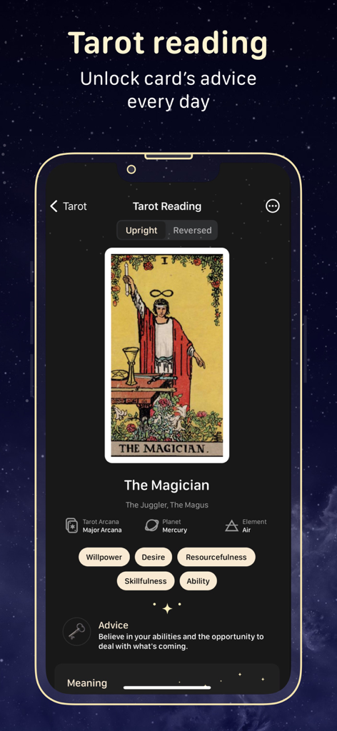 Moon Calendar — MoonX - MoonXアプリのタロットリーディングインターフェース、魔法使いのカードとスピリチュアルなキーワード、毎日のアドバイスが表示されています