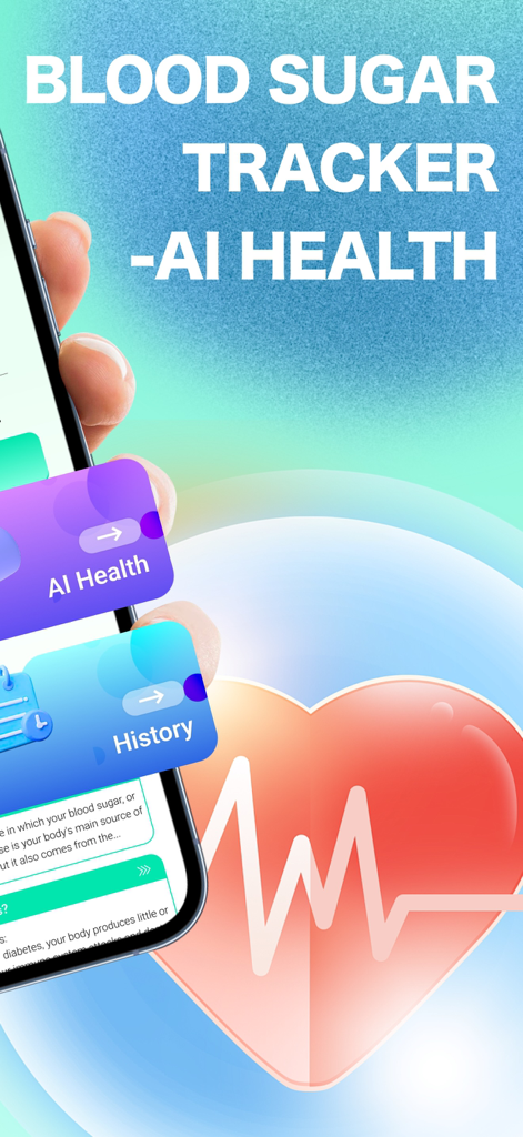 Blood Sugar Tracker-AI Health - Interfaz de la aplicación Blood Sugar Tracker-AI Health que muestra botones para seguimiento de salud con IA e historial sobre un gráfico de corazón y pulso.
