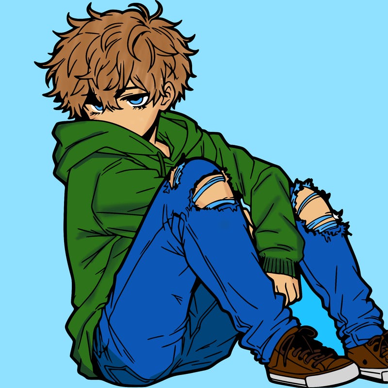 a male hoddie ripped jeans messy hair anime