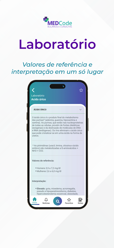 MEDCode – App medicina - MEDCode app interface showing laboratory reference values and clinical interpretation for uric acid.