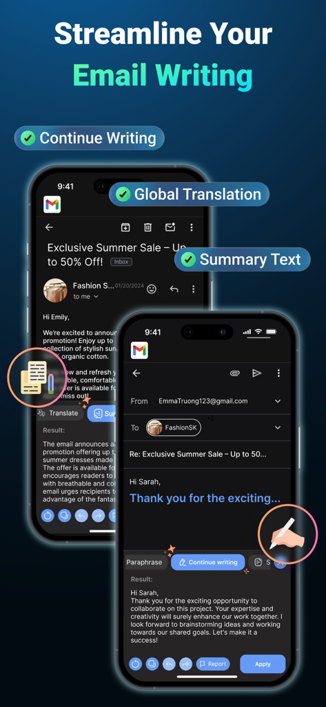 AI Keyboard: Grammar & Writer - Interfaz del teclado IA que muestra resumen de correo electrónico y funciones de asistente de redacción en un smartphone