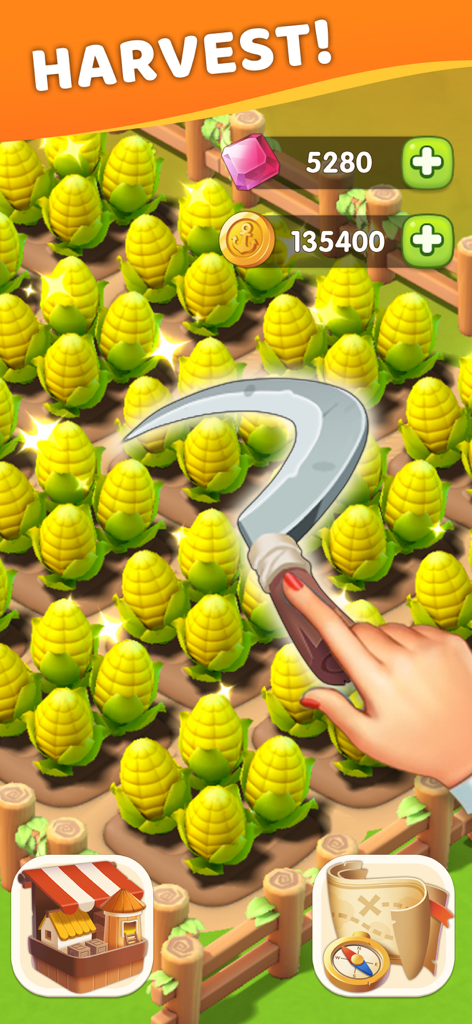 プレイヤーがアイランドファームアドベンチャーのモバイルゲームで、鎌を使ってトウモロコシの作物を収穫している様子