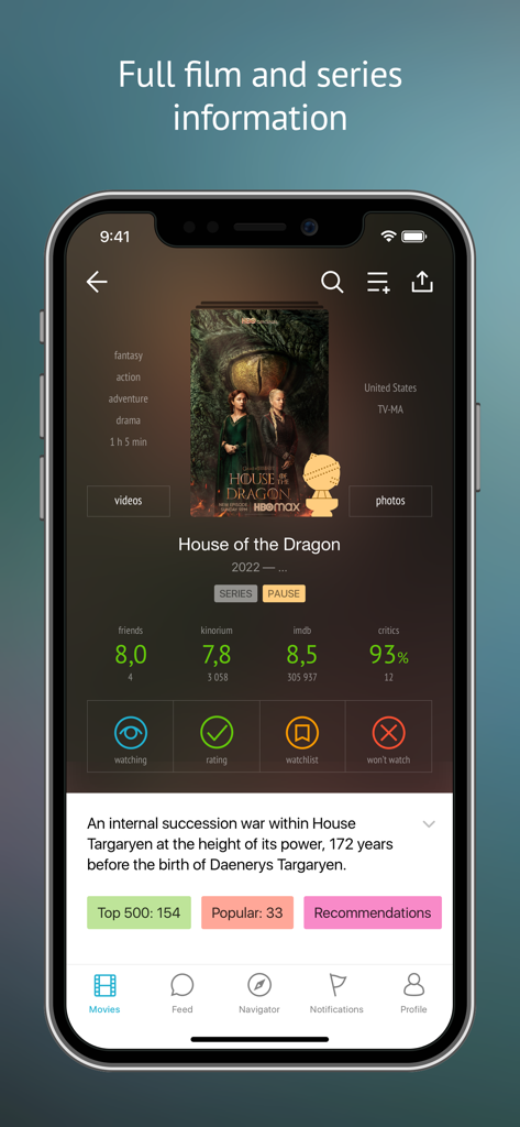 Kinorium: All movies and shows - Schermata dell'app Kinorium che mostra informazioni complete e valutazioni per la serie TV House of the Dragon