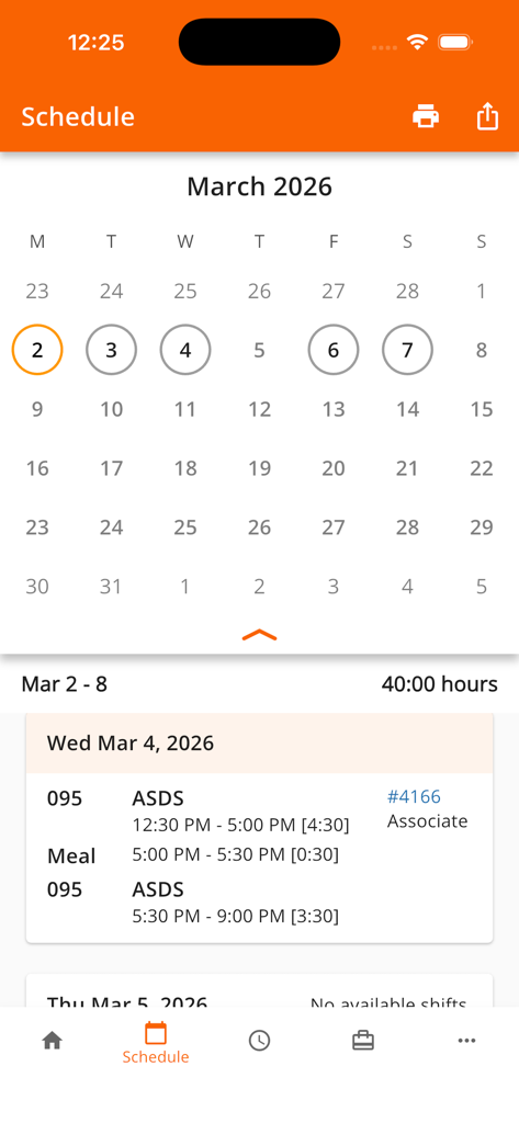 Mobile app screen showing a monthly calendar and daily shift details including work hours and meal breaks