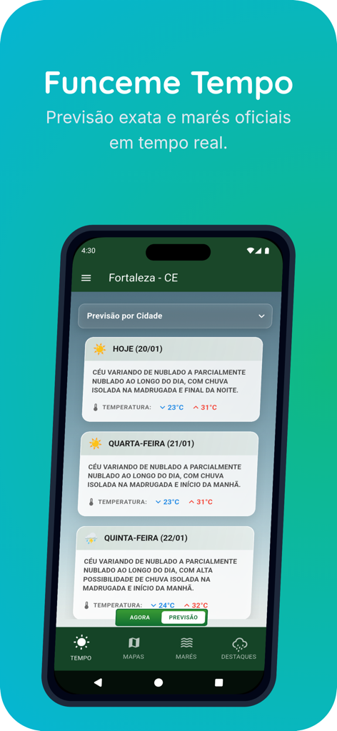 Screenshot of the Funceme Tempo mobile app showing weather forecasts for Fortaleza, Ceara