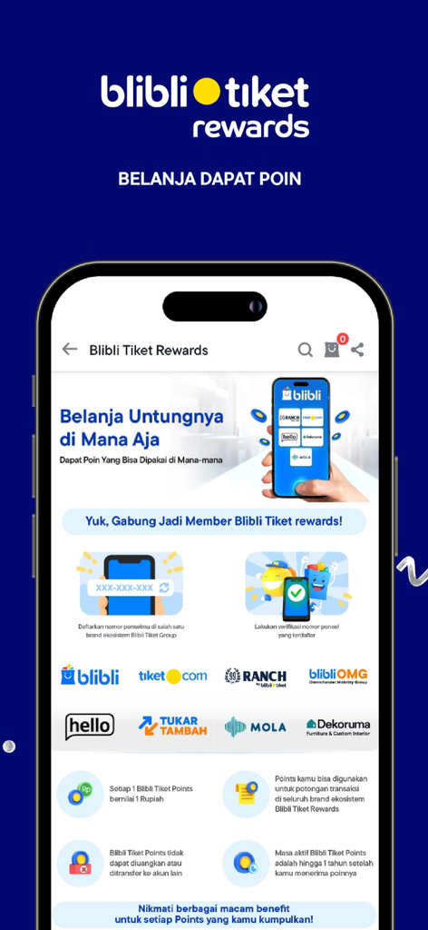 Blibli - Blibli Tiket Rewards program interface showing partner brands and loyalty point benefits