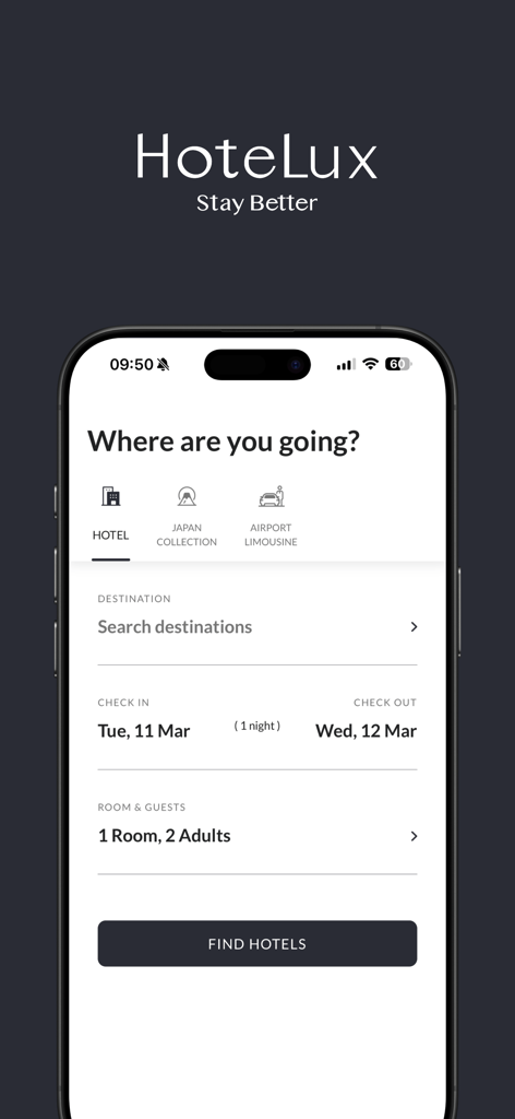 HoteLux mobile app search screen for luxury hotel bookings and travel services