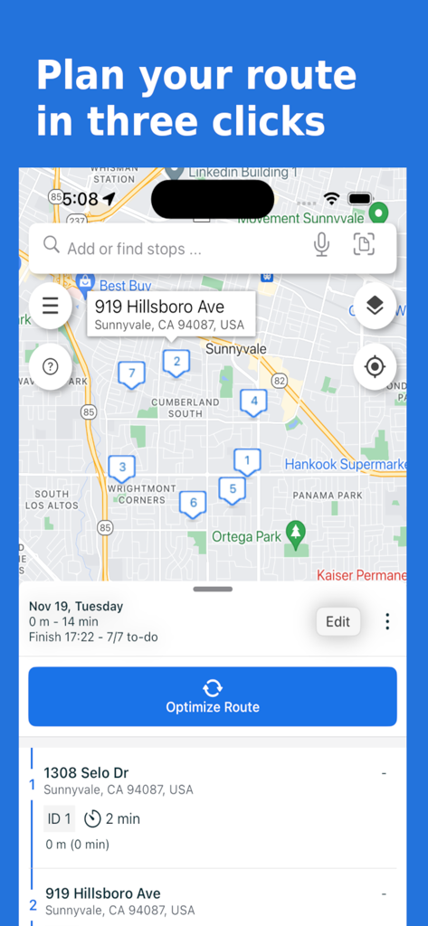 Maposcope Route Planner - Interfaz de la aplicación Maposcope Route Planner que muestra una ruta de entrega multi-parada optimizada en un mapa.